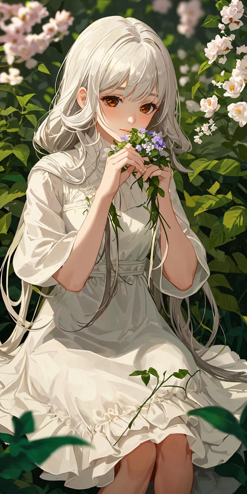 06117-1293666383-(masterpiece, best quality),1girl with long white hair sitting in a field of green plants and flowers, her hand under her chin,.png